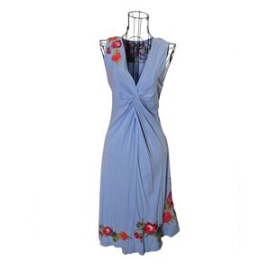 Johnny Was Embroidered Blue Floral Midi Dress